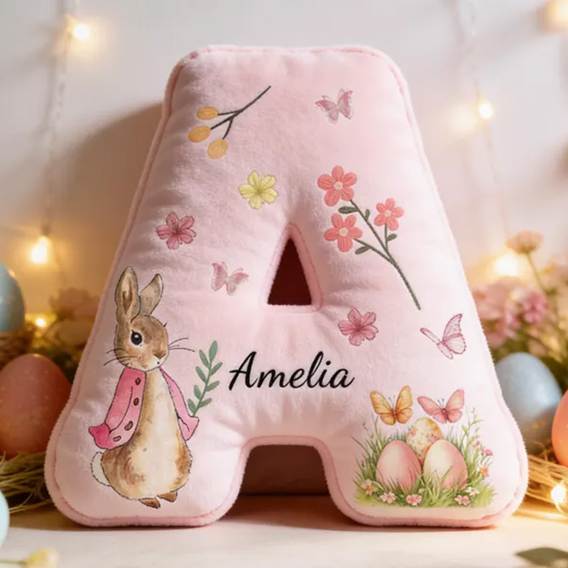 Personalized Easter Bunny Floral Alphabet Custom Name Soft Cushion Spring Decor Gift for Kids Room Nursery Decoration Graphic 3D Print Pillow