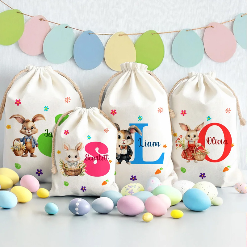 Personalized Watercolor Floral Bunny Name Drawstring Gift Bag with Initial Easter Party Egg Hunting Birthday Gift for Boys Girls