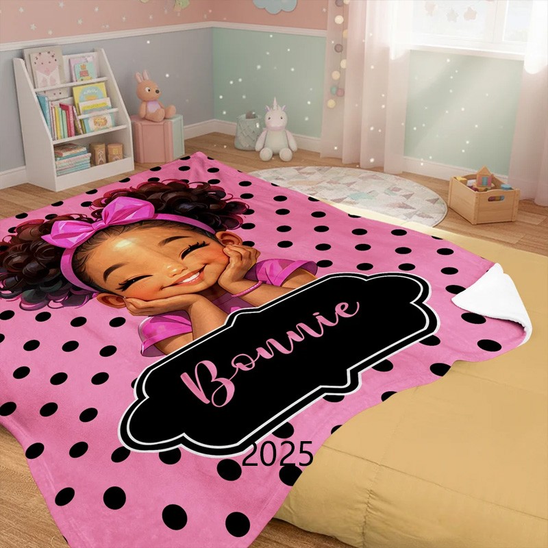 Personalized Polka Dots Cute Cartoon Little Girl Soft Throw Blanket with Name Home Decor Birthday Christmas Gift for African American Girl