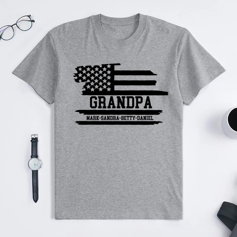 Personalized Grandpa Flag T-Shirt with Grandkids Names Gift for Grandfather Father's Day Birthday Comfortable Cotton Shirt for Men