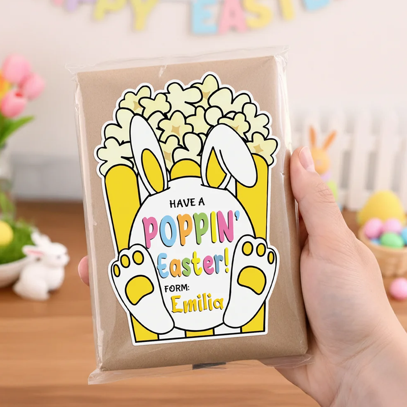 Personalized Cute Popcorn Rabbit Easter Waterproof Stickers Labels with Name Gift Decoration Easter Day Party Favors for Kids