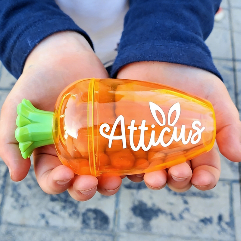 Personalized Easter Bunny Theme Name Reusable Candy Container Kids Spring Party Favor Gift Basket Filler Carrot Treat Holder