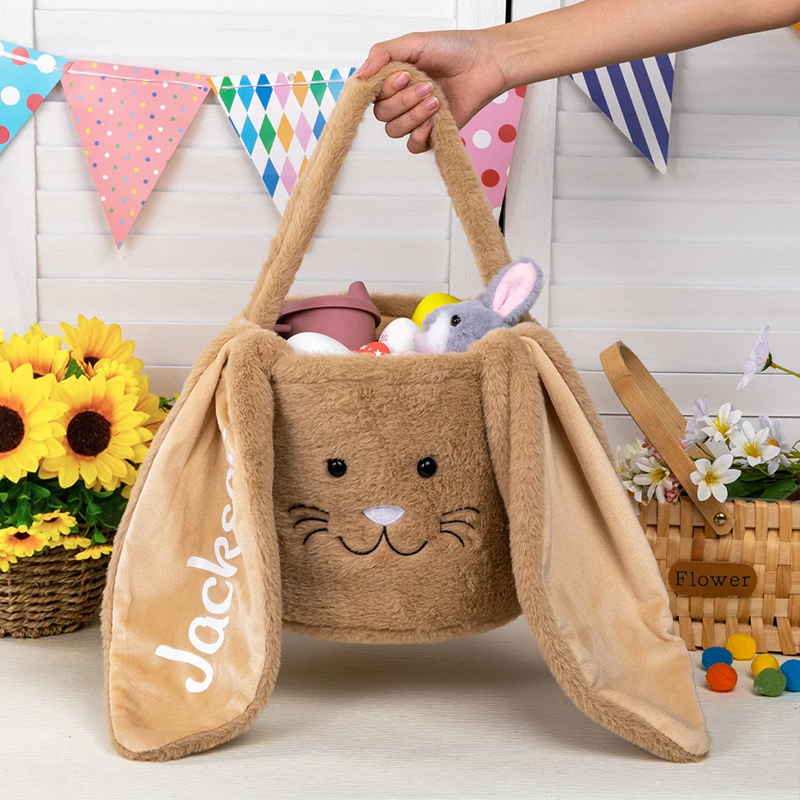 Personalized Cute Long Ears Furry Bunny Easter Basket with Glitter Name Easter Egg Hunting Gift for Kids