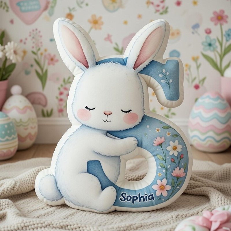 Personalized Blue Bunny Initial Letter Floral Easter Gift Custom Name Kids Room Decor Nursery Baby Shower Accent Graphic 3D Print Pillow