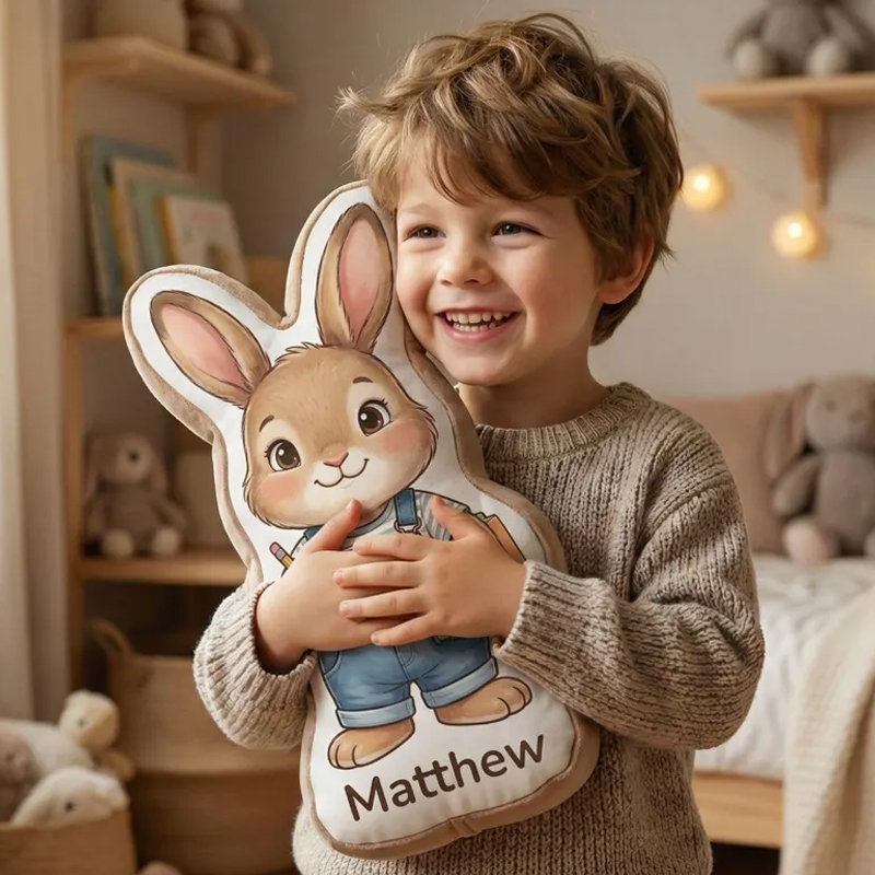 Personalized Bunny Boy and Girl Easter Gift Custom Name Kids Room Decor Cute Rabbit Plush Toy Nursery Baby Shower Present Graphic 3D Print Pillow