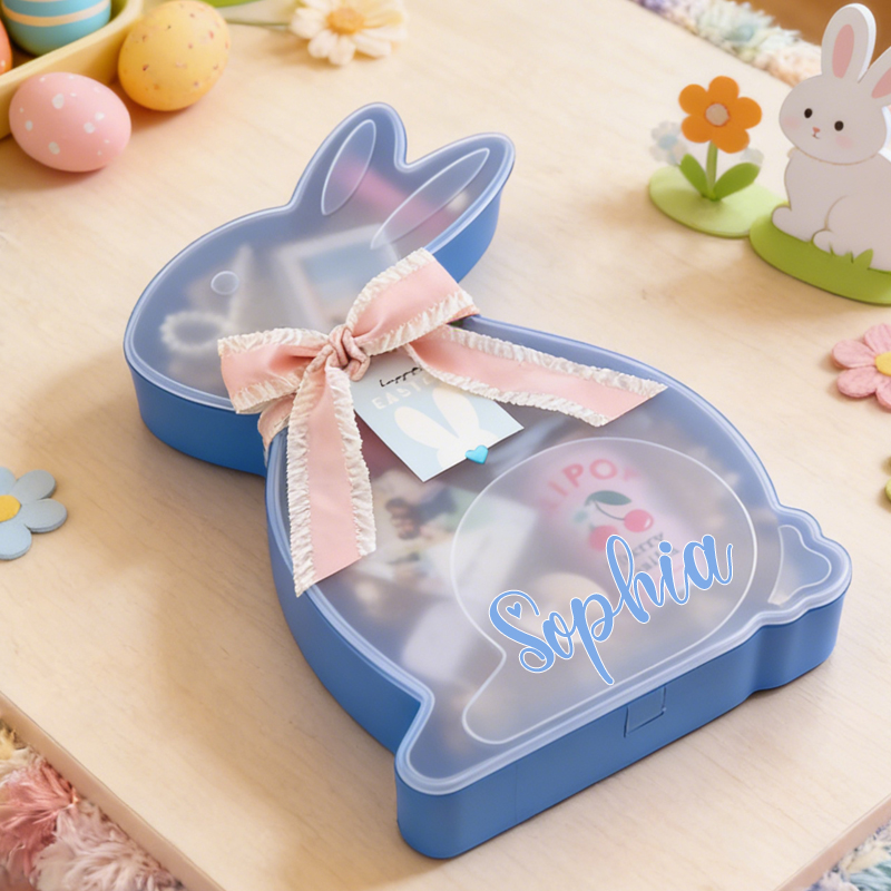 Personalized Blue Bunny Easter Gift Basket Custom Name Kids Candy Holder Cute Spring Egg Hunt Party Favor Candy Box