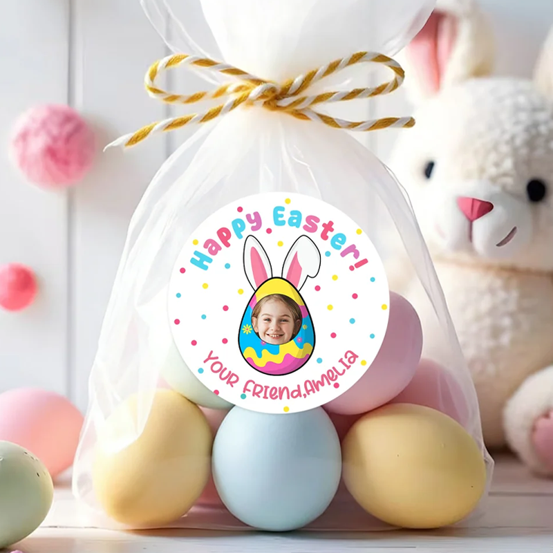 Personalized Cute Rabbit Ear Egg Set of 2 Easter Waterproof Stickers Labels with Name and Photo Easter Day Decor Party Favors for Family Kids