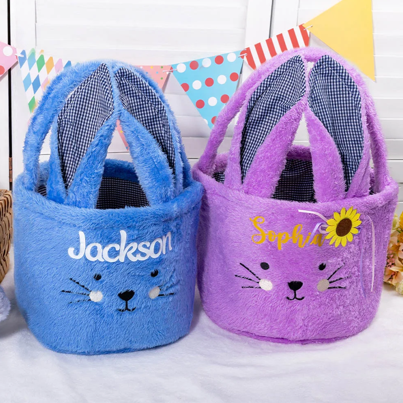 Personalized Cute Plush Bunny Easter Basket with Name Easter Egg Hunting Gift for Kids