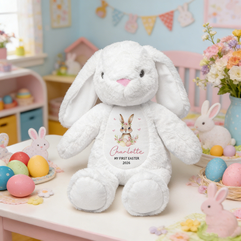 Personalized My First Easter Flower Butterfly Stuffed Plush Bunny Toy with Name and Year Easter Birthday Gift for Kids