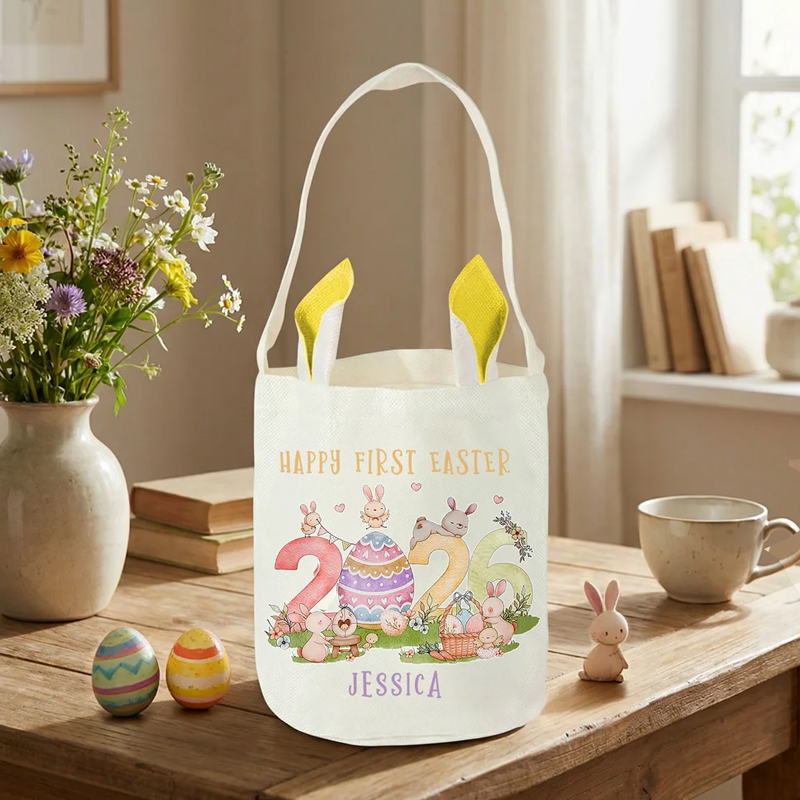 Personalised Happy First Easter Cute Bunny Ears Basket with Name Egg Hunting Party Easter Gift for Boys Girls