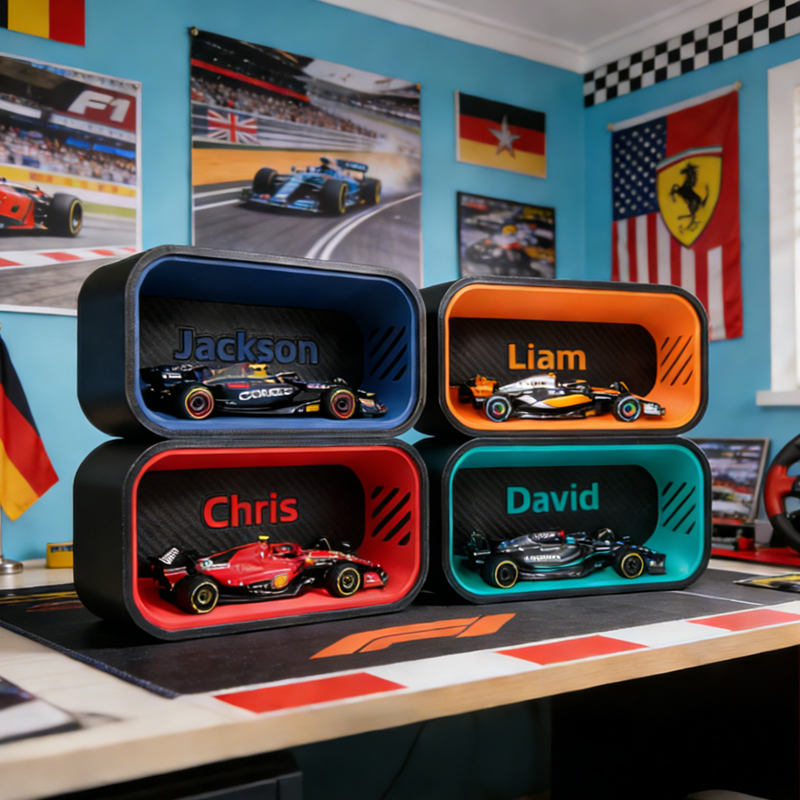 Personalized F1 Cars 1:43 Scale Display Loop for Desk or Wall Mount Vibrant Team Colors Carbon Fiber Look Cars Not Included