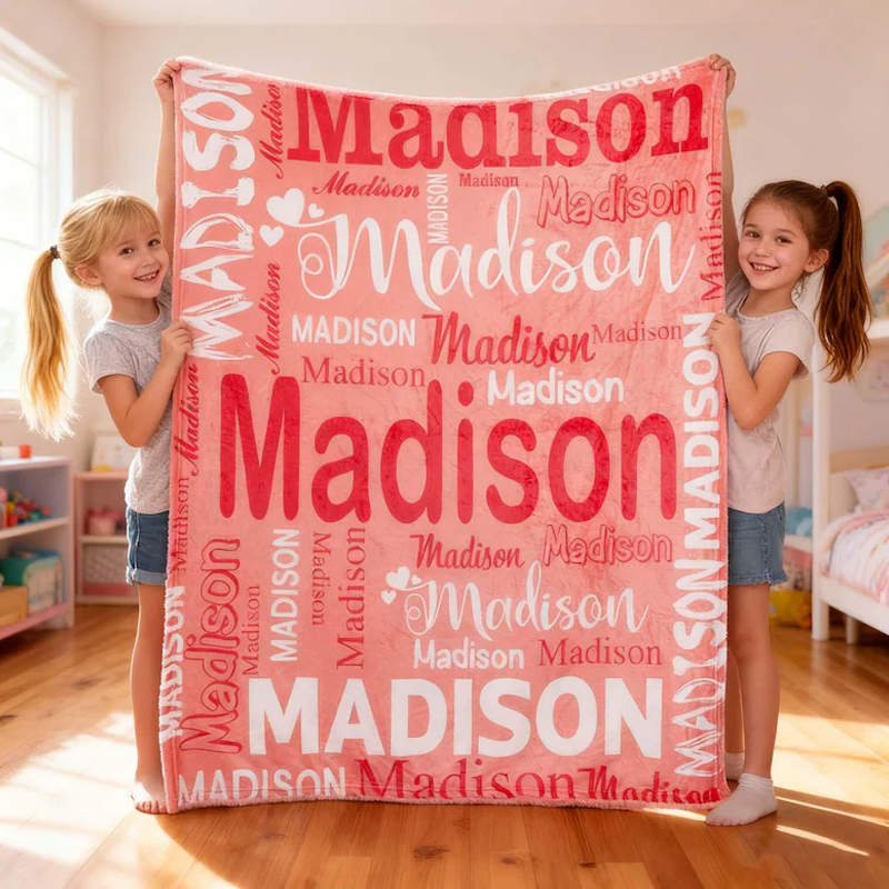 Personalized Pink Name Typography Word Art Custom Kids Room Decor Soft Cozy Blanket Birthday Gift Nursery Accent Blanket