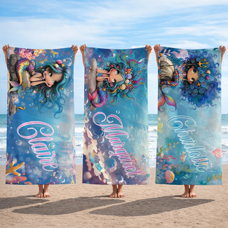 Personalized Cartoon Mermaid Quick Dry Beach Towel with Name Travel Essentials Beach Party Birthday Gift for Girls Ocean Theme Enthusiasts