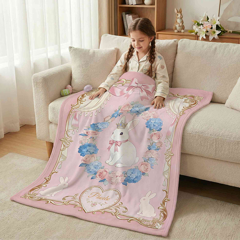 Personalized Name Bow Frame Floral Crown Rabbit Blanket Flannel Sherpa Throw for Bed Couch Home Decor Birthday Easter Gift for Kids Boys Girls