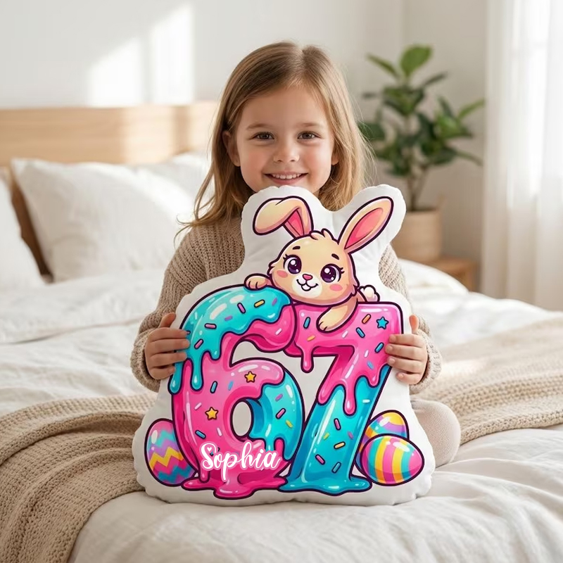 Personalized Colorful Bunny Easter Egg Custom Name Kids Gift Bright Pastel Decor Nursery Bedroom Accent Graphic 3D Print Pillow