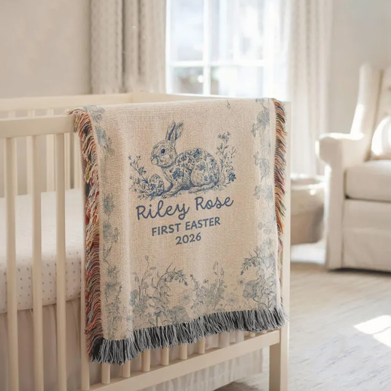 Personalized Baby Name Birth Stats Blue Floral Nursery Decor Custom Heirloom Keepsake Newborn Gift Soft Cotton Woven Blanket