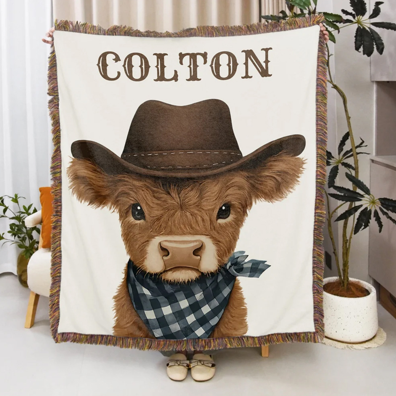 Personalized Rustic Fringed Western Cowboy Highland Cow Soft 100% Cotton Baby Blanket with Name Nursery Decor Baby Shower Gift for New Baby Kids