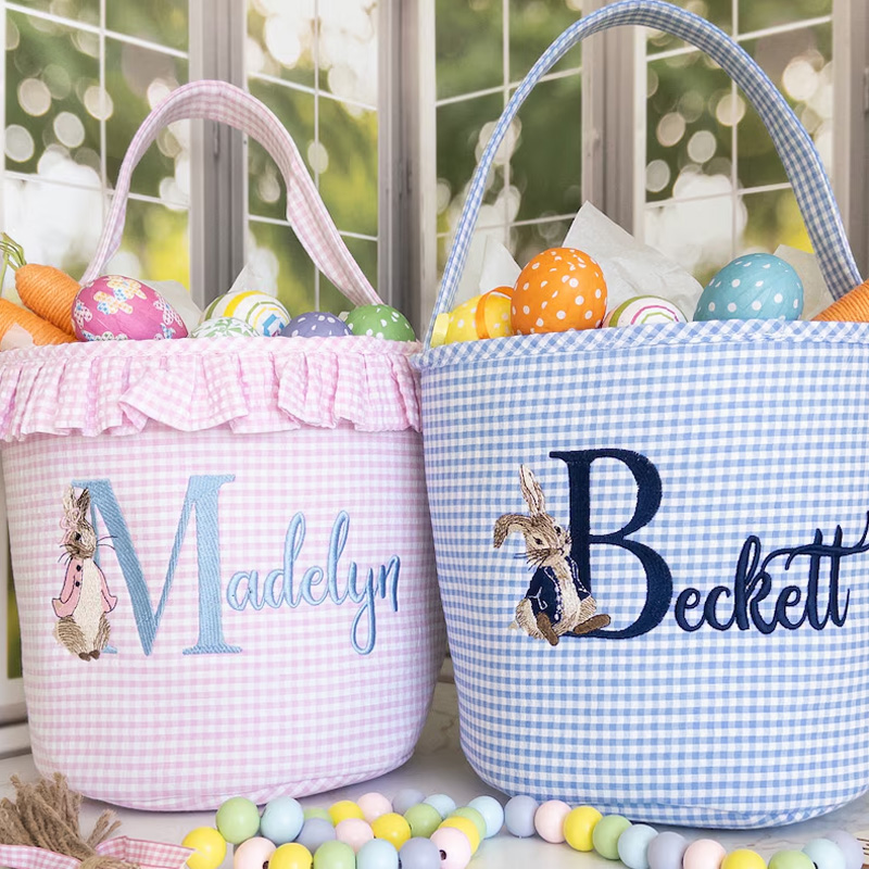 Personalized Easter Bunny Theme Name Embroidered Gingham Fabric Basket Kids Egg Hunt Gift Tote Spring Storage Basket