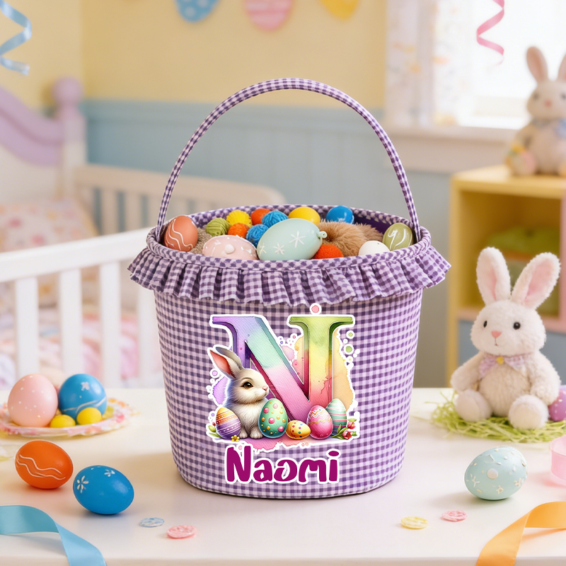 Personalized Easter Bunny Alphabet Letters Plaid Easter Basket with Name and Initial Easter Eggs Hunting Easter Day Gift for Boys Girls