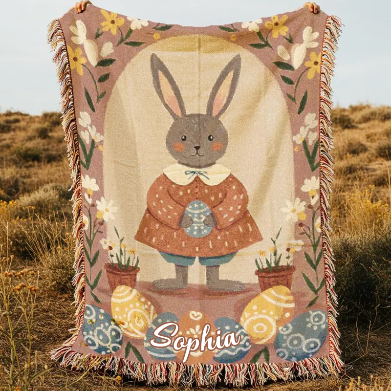 Personalized Cute Bunny Easter Spring Floral Kids Room Decor Custom Name Nursery Accent Cozy Gift Tassel Blanket