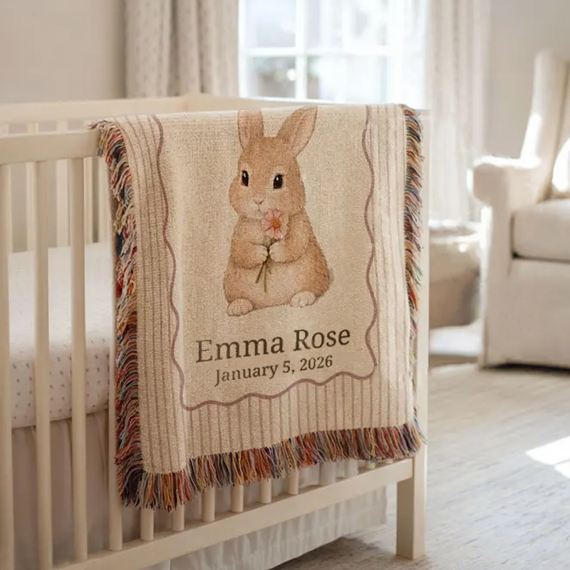 Personalized Baby Bunny Nursery Decor Custom Name Soft Neutral Tone Newborn Gift Cozy Room Accent Cotton Tassel Blanket