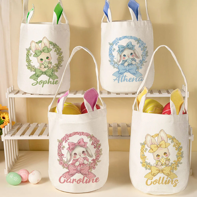 Personalized Polka Dot Bow Floral Bunny Easter Basket with Name and Bunny Ears Egg Hunting Accessory Easter Gift for Kids