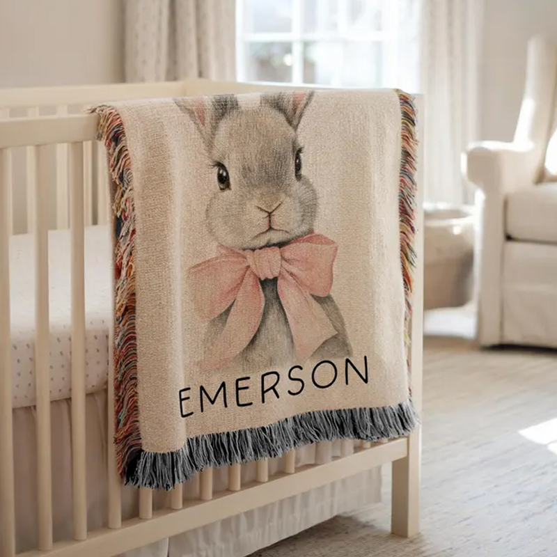 Personalized Cute Bunny Pink Bow Nursery Decor Custom Name Baby Shower Gift Soft Cozy Neutral Room Accent Tassel Blanket