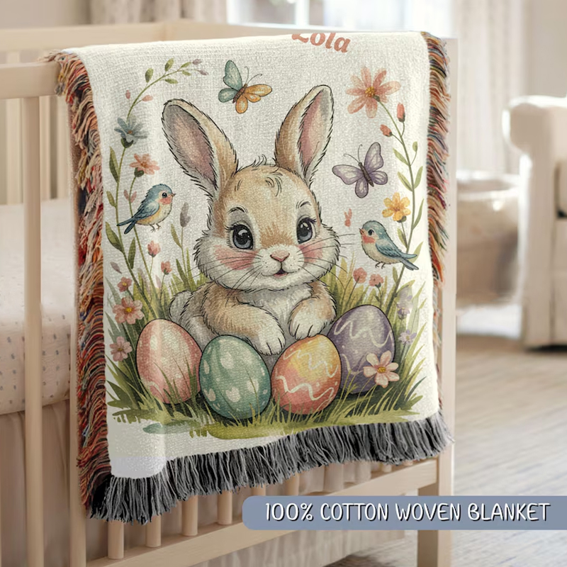 Personalized Easter Bunny Colorful Eggs Spring Butterfly Kids Room Decor Custom Name Soft Cozy Gift Tassel Blanket