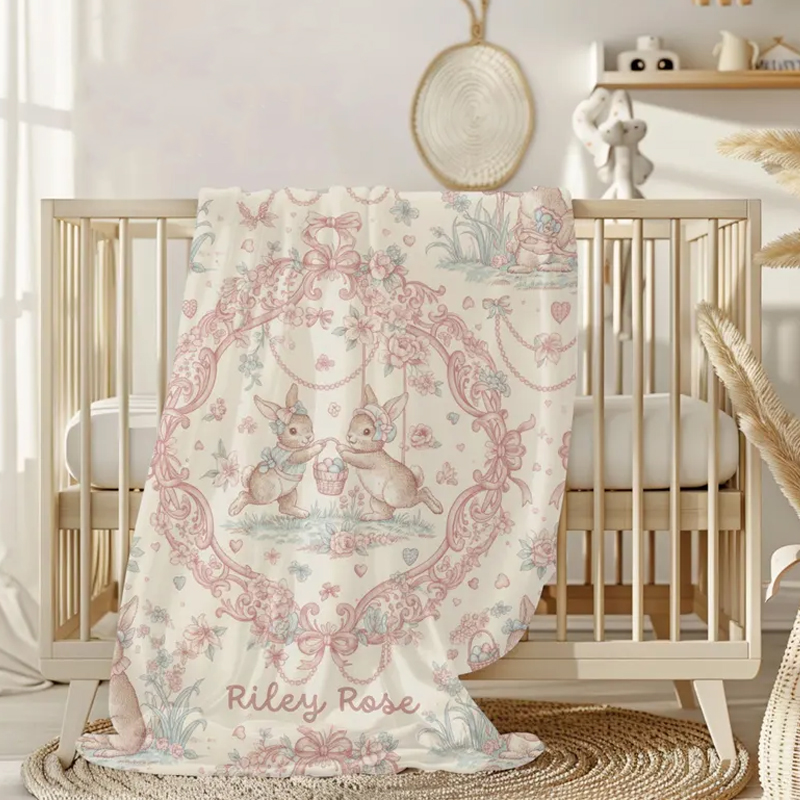 Personalized Pink Bunny Floral Wreath Nursery Decor Custom Name Baby Shower Gift Soft Elegant Newborn Keepsake Blanket