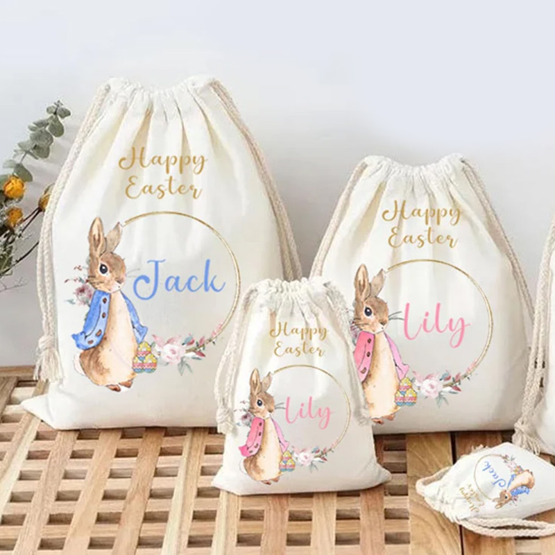 Personalized Easter Bunny Theme Name Custom Cotton Drawstring Gift Bag Kids Candy Storage Reusable Gift Bag