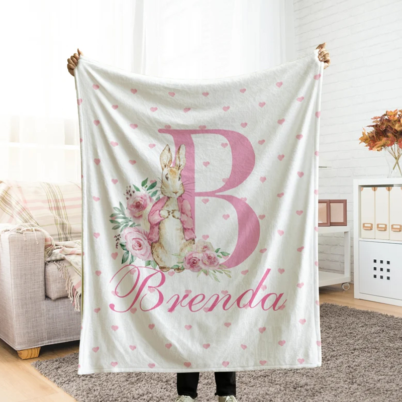 Personalized Floral Initial Letter Bunny Custom Name Soft Cozy Nursery Decor Baby Shower Gift Elegant Accent Blanket