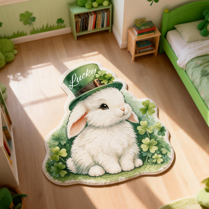 Personalized Lucky Clover White Bunny St Patricks Day Green Hat Custom Name Soft Cozy Playroom Decor Carpet Rug for Kids