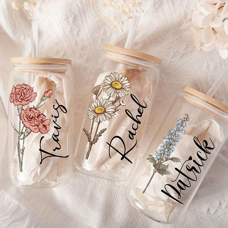 Personalized Birth Flower Glass Tumbler with Straw Custom Mother's Day Gift for Mom Bridesmaid Proposal, Party Favor, Gifts for Her