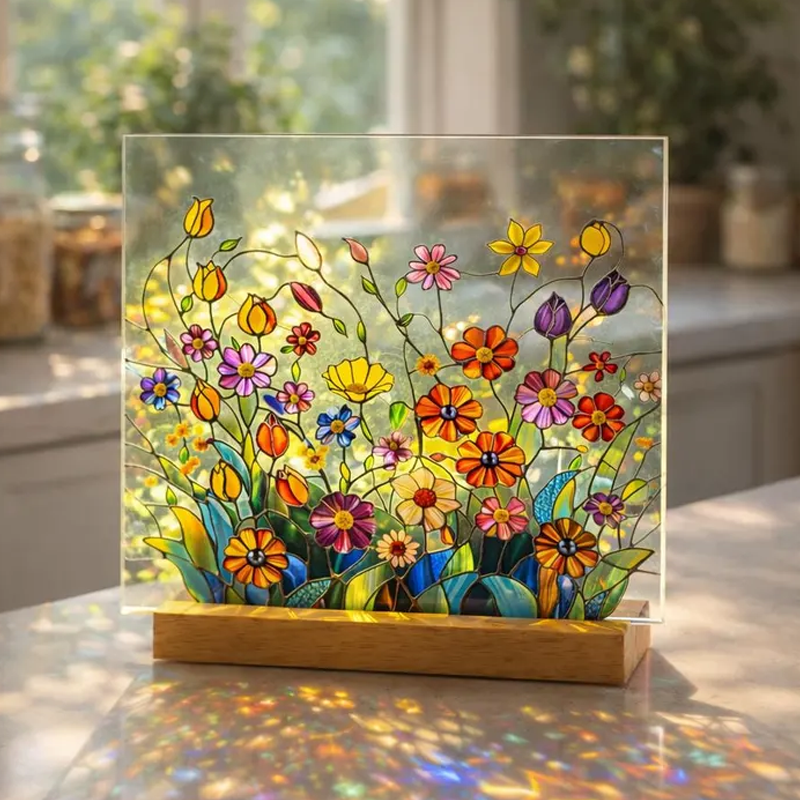 Botanical Flower Suncatcher Gift Pressed Flower Frame Style Stained Glass Window Hanging Handmade Sun Catcher Window Decor for Home