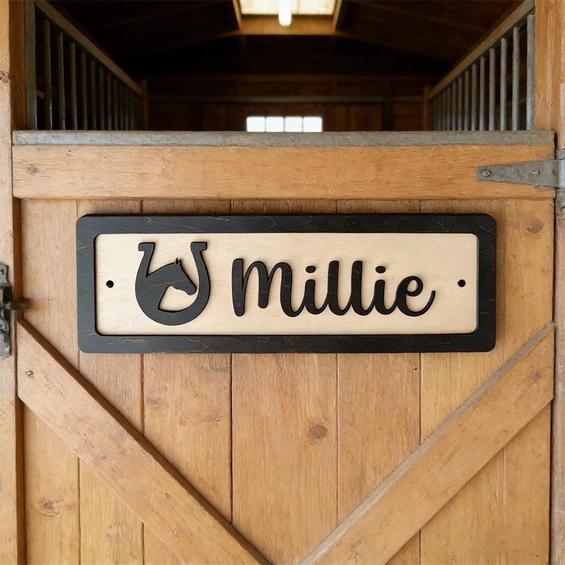 Personalized Horse Stall Name Sign Custom Wooden Stable Sign with Horseshoe and Horse Head for Equestrian Lovers