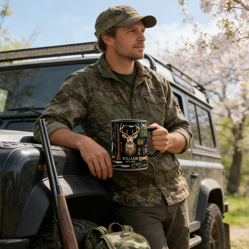 Personalized Deer Hunting Gear Mug Custom Name and Year Gift for Hunters and Outdoor Enthusiasts