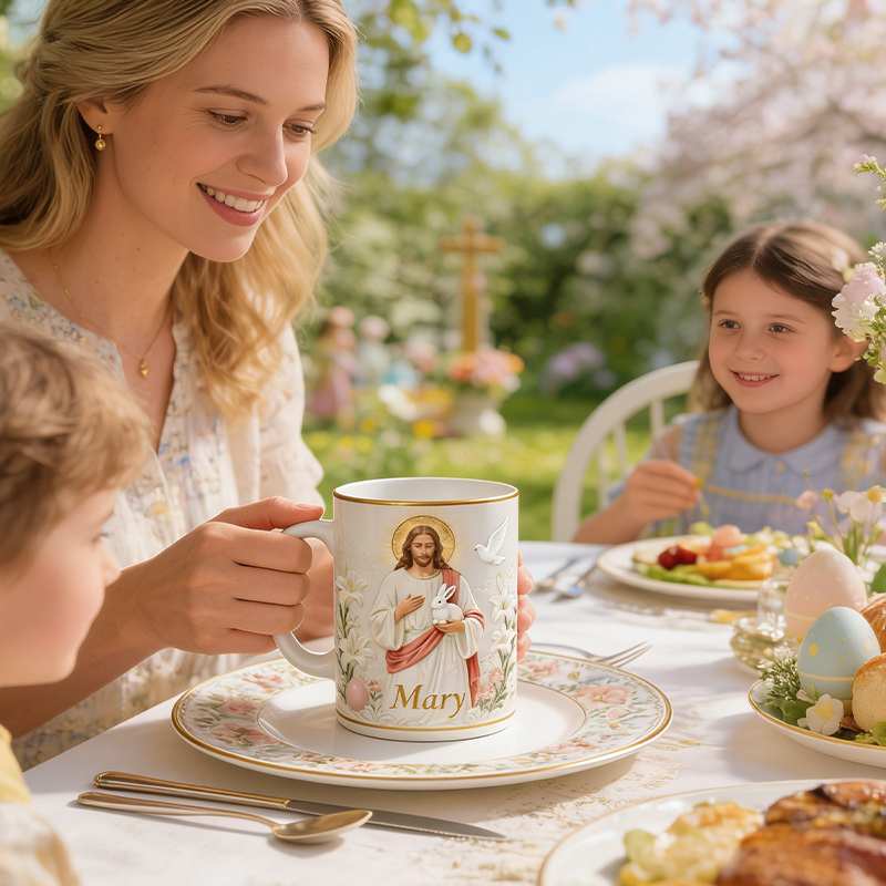 Personalized Jesus and Bunny Christian Easter Mug with Lily Floral Design Custom Name Gift for Religious Gift