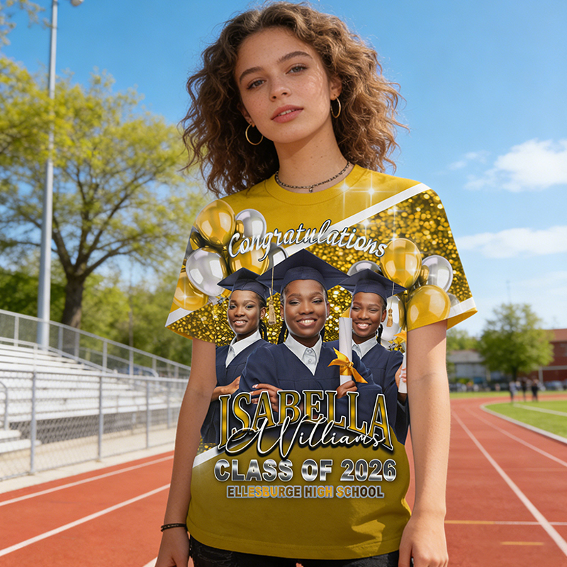 Personalized All Over Print Congratulations Grad Photo T-Shirt Custom School Name and Graduate Name Class of 2026 Shirt