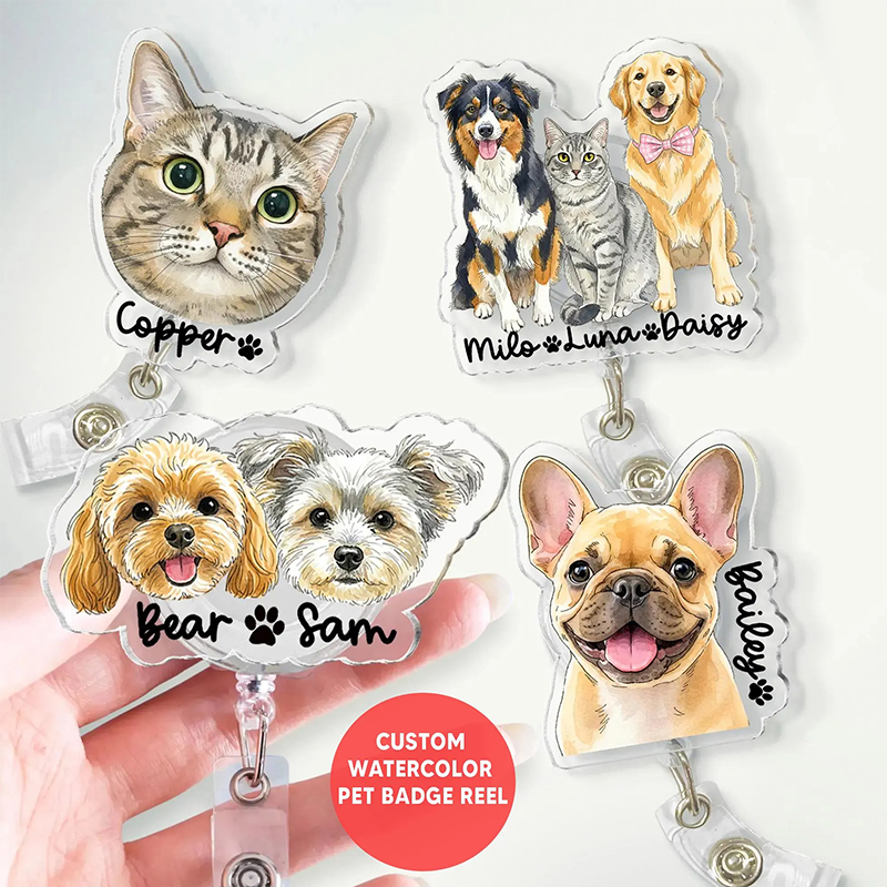 Personalized Pet Watercolor Badge Reel from Photo Hand Drawn Dog Cat ID Holder Nurse Gift Vet Tech Name Tag Clip
