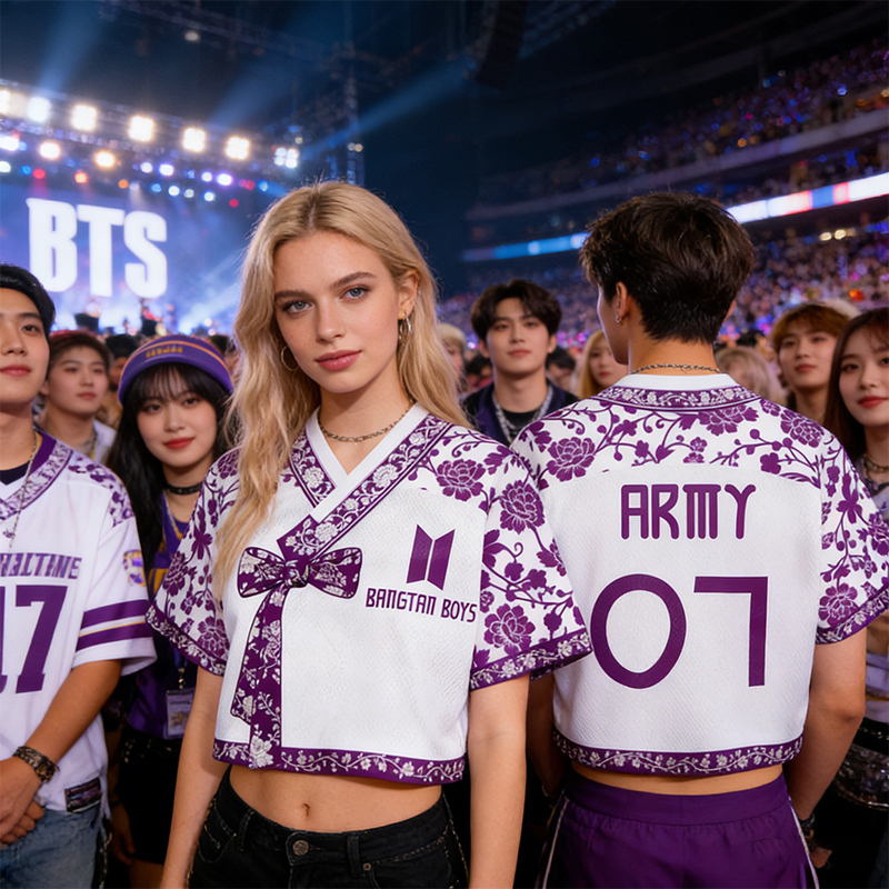 Personalized Bangtan Boys Hanbok Crop Jersey BTS K-Pop Flowery Purple Arirang World Tour Hanbok Style Mixed Mesh Jersey Gift For Army