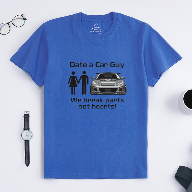 Funny Date A Car Guy We Break Parts Not Hearts Quote Crew Neck Tee for JDM Sports Car Lovers & Gearhead Enthusiasts