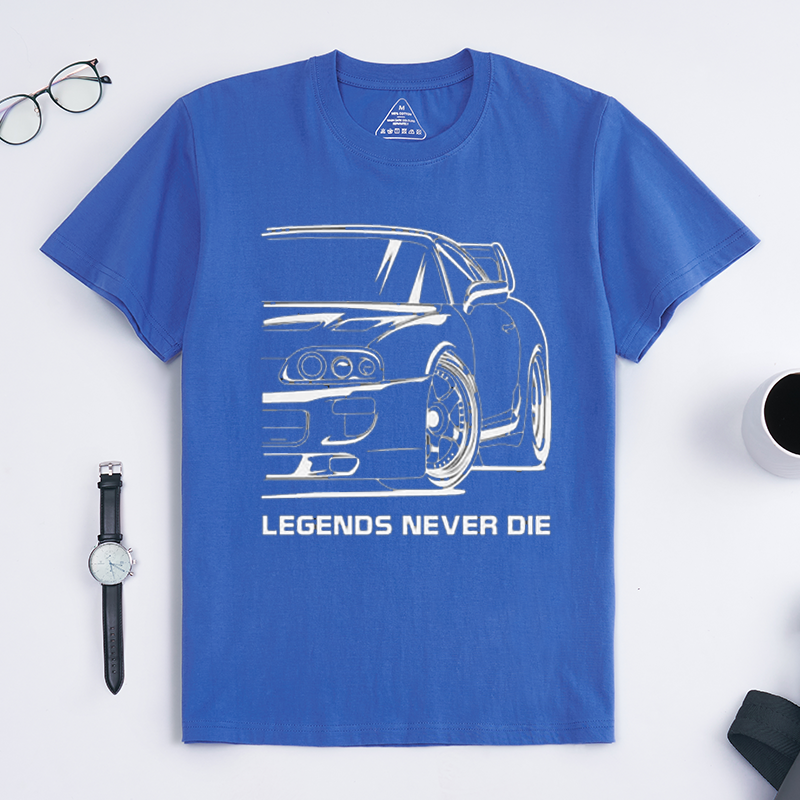 Legends Never Die Classic JDM Sports Car Crew Neck Short Sleeve T-Shirt for Retro Import Car Fans & Automotive Gearheads