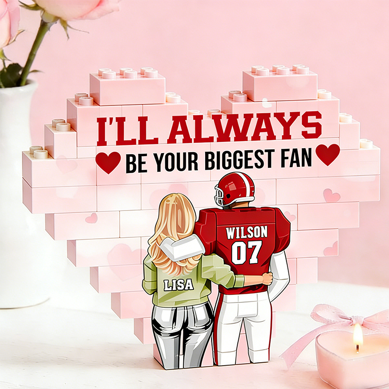 Personalized Football Couples Heart "Biggest Fan" Building Blocks with Custom Names and Number Valentine's Day Gift