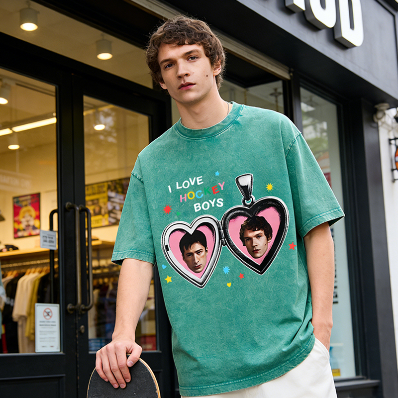 Personalized Hockey Washed T-Shirt with “I Love Hockey Boys” Heart Design for Stylish Hockey Fans