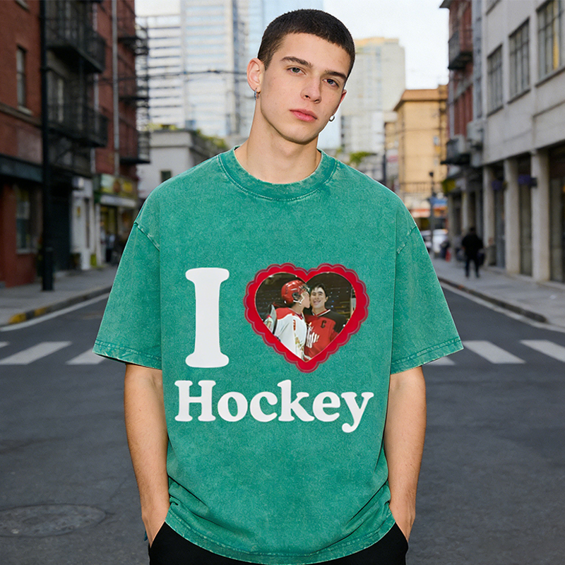 Personalized I Love Hockey Washed T-Shirt, Custom Player Photo Heart Graphic Tee for Ice Hockey Fans