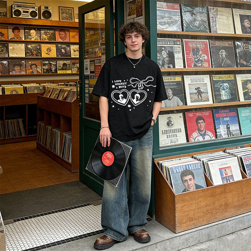 Personalized I Love Hockey Boys Washed T-Shirt Bow and Heart Graphic Top for Fandom Fans