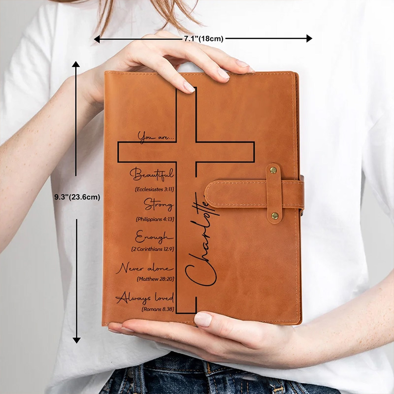 Personalized Cross Bible Verse Portable A5 Leather Notebook Cover with Pocket Birthday Religious Baptism Gift for Family Friends Christians