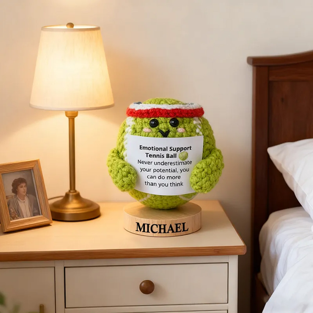 Personalized Crochet Tennis Ball Plush with Motivational Quoteand Custom Name Cheer Up Gifts For Tennis Team Players