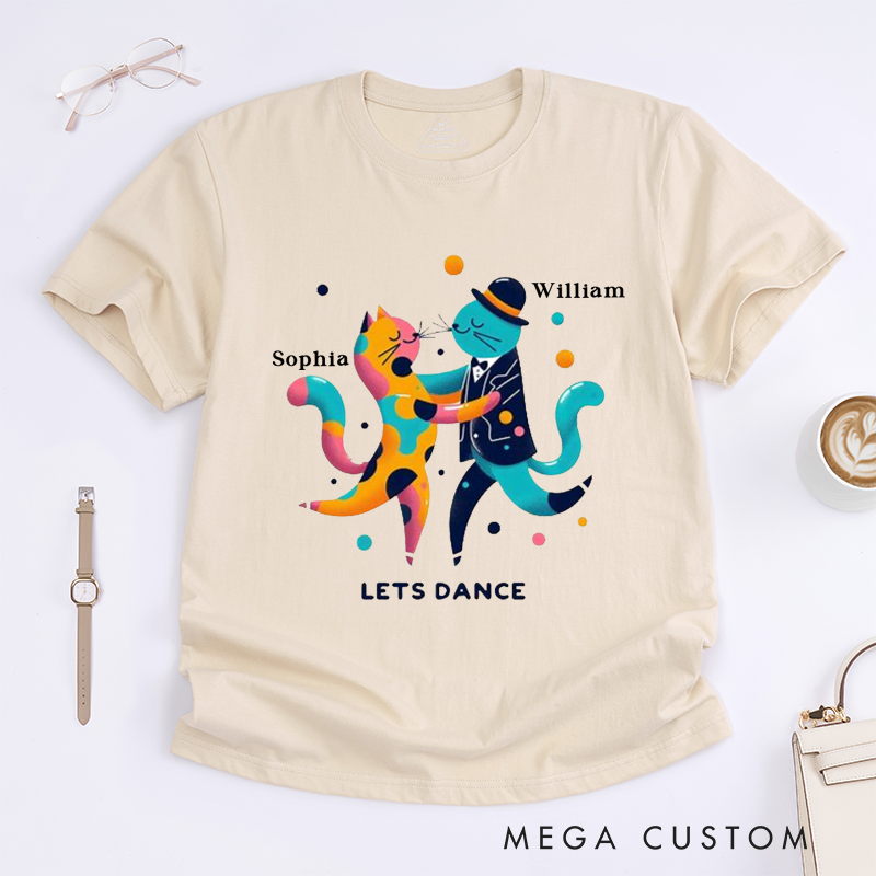 Personalized Classic T-Shirts Dancing Cats Custom Name Cute Gift for Couples Friends Fun Colorful Animal Art Dance Unique Present