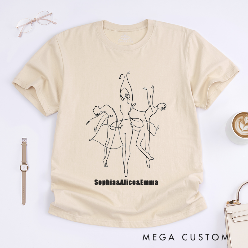 Personalized Ballet Dancers Line Art T-Shirts Custom Name Artistic Dance Outline Gift for Women Unique Minimalist Ballerina Drawing Shirt